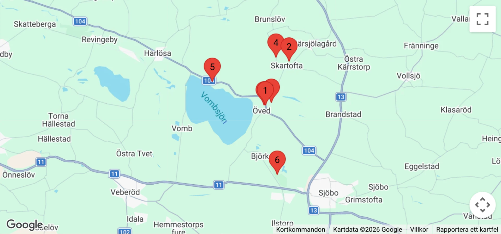 Karta över besöksmål kring Övedskloster: 1 Slottsmagnolian, 2 Tullesbo sätesgård, 3 Hunden & Herden, 4 Malmnäs Interiör, 5 Café Linden och 6 Sjöbo Golfklubb