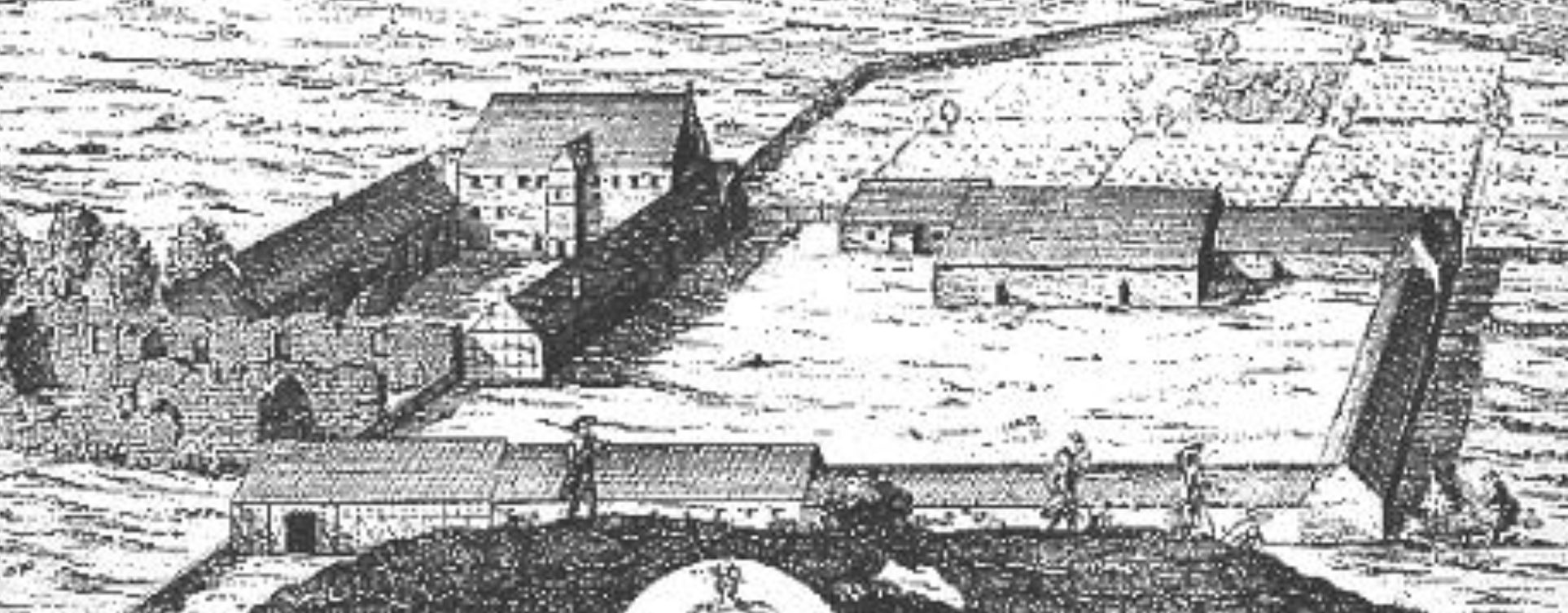 Kopparstick som visar Övedsklosters gårdsanläggning med ruinerna av den gamla klosterkyrkan till vänster