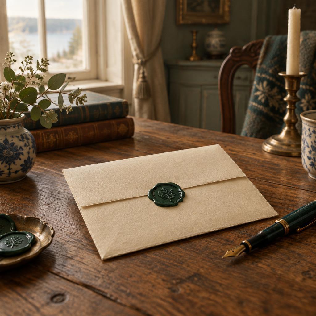 Brev med grönt vaxsigill på gammalt skrivbord