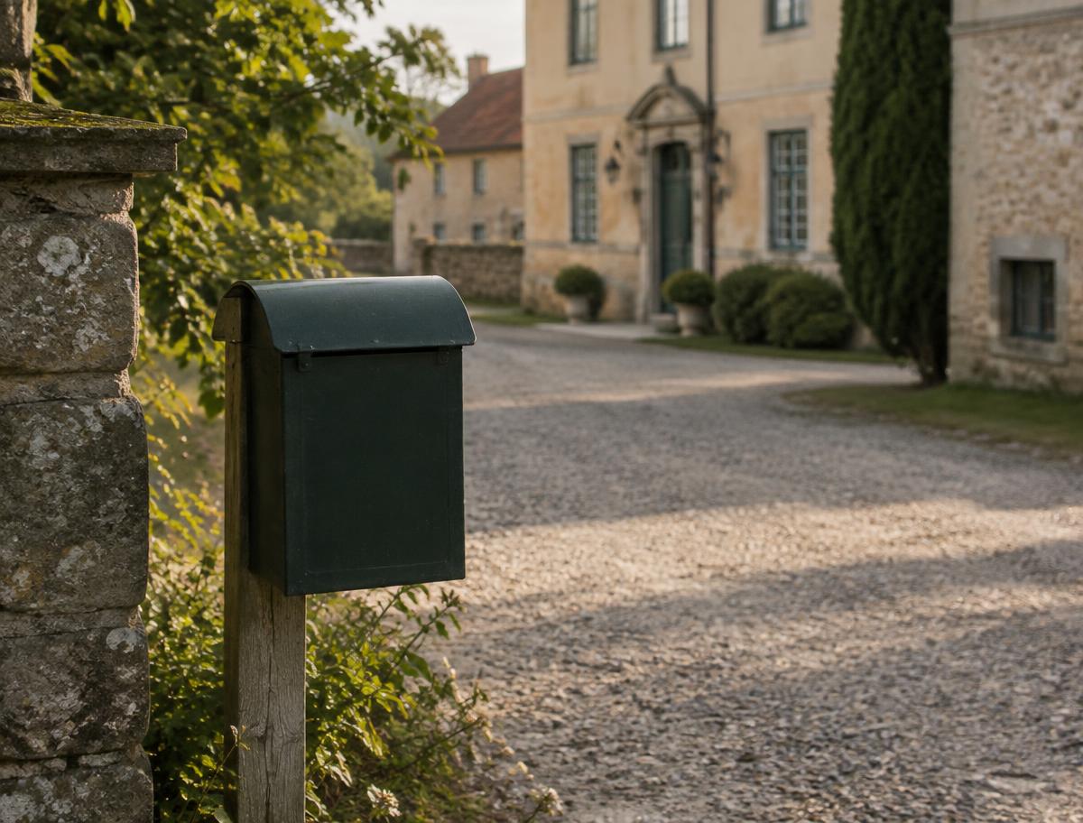 Mörkgrön postlåda på trästolpe vid en grusgång