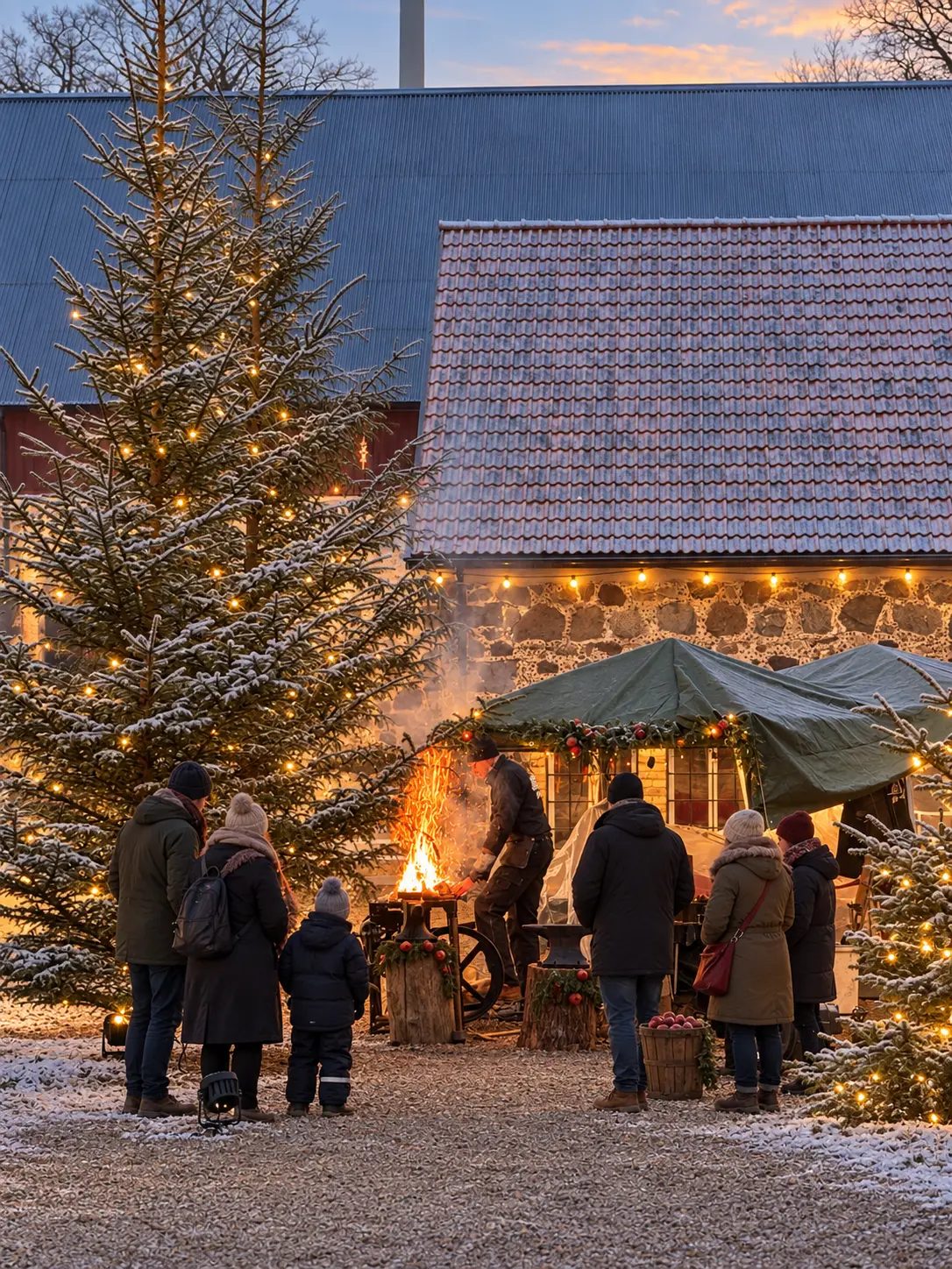 Smed som arbetar vid en öppen eld under julmarknaden, sedd av vinterklädda besökare bland snöklädda granar med ljusslingor