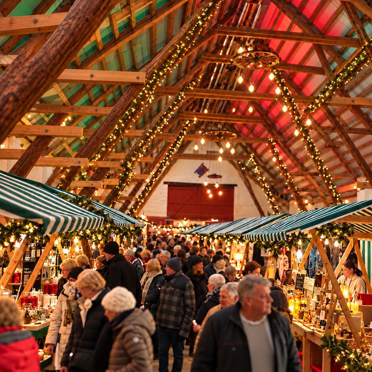 Julmarknad i den rustika saluhallen på Övedskloster – besökare bland stånd med gröna och vitrandiga markiser under varma ljusslingor