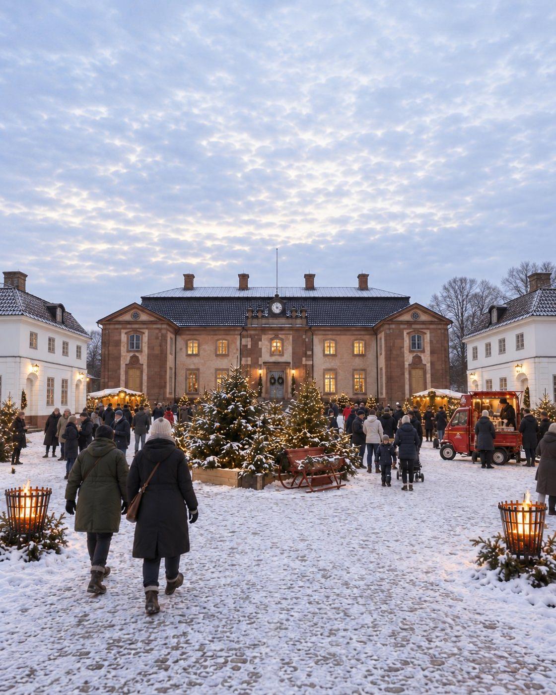Borggården på Övedskloster i vinterkväll med snötäckta kullersten, upplysta julgranar, marknadstånd och besökare framför huvudbyggnaden med sina två vita vingar