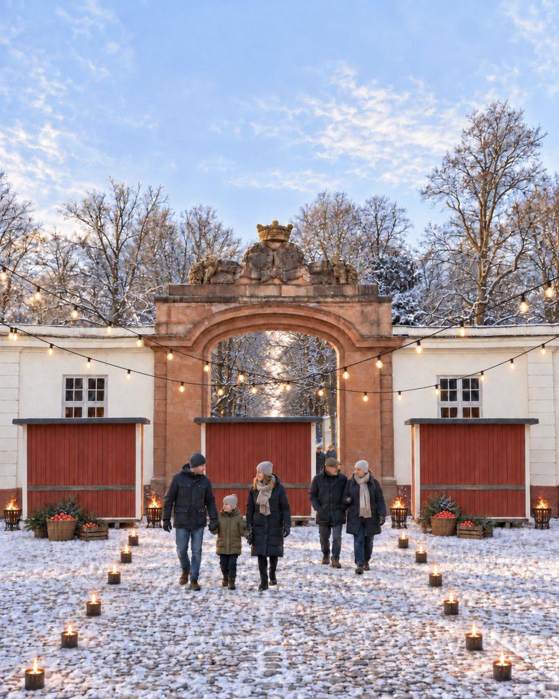 Portalen mot borggården med röda julbodar, ljusslingor och besökare i snön