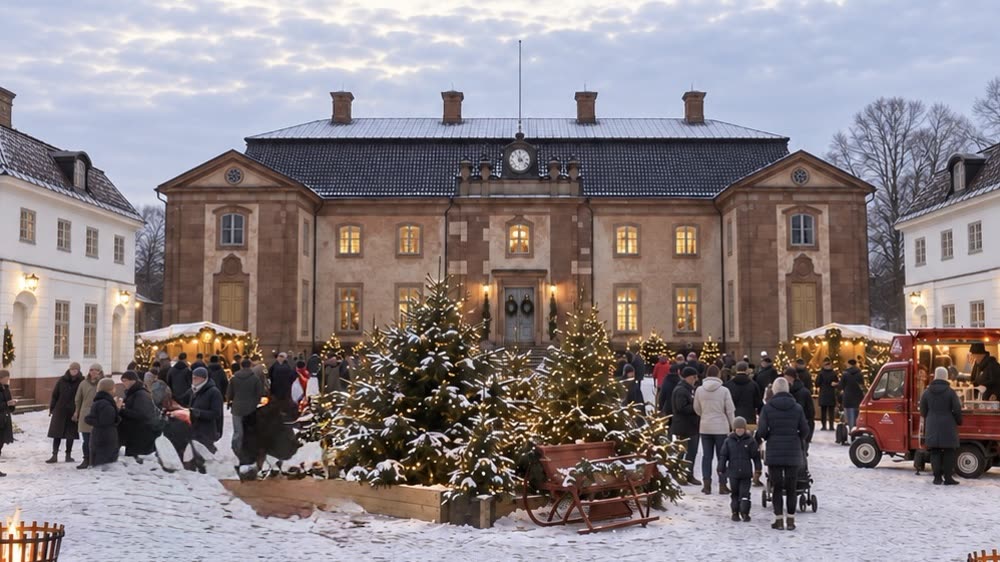 Övedsklosters slott i kvällsljus bakom den snötäckta borggården med julgranar i ljusslingor, en vedkälke och besökare bland markstånden